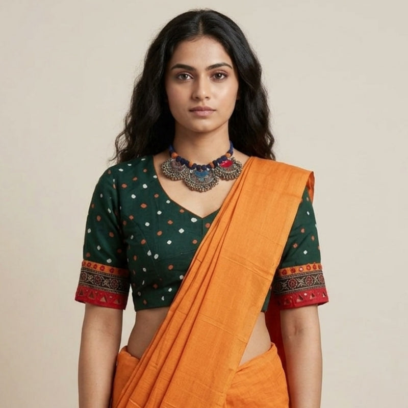 Dark Green Bandhani Readymade Blouse with Mirror Work | Godhuli