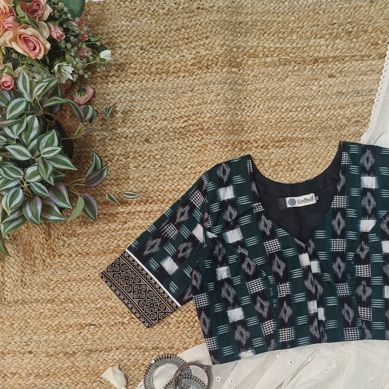Dark Green Ikat Readymade Blouse | Godhuli