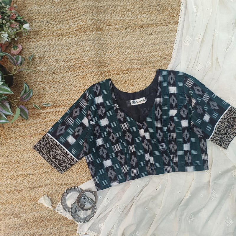 Dark Green Ikat Readymade Blouse | Godhuli