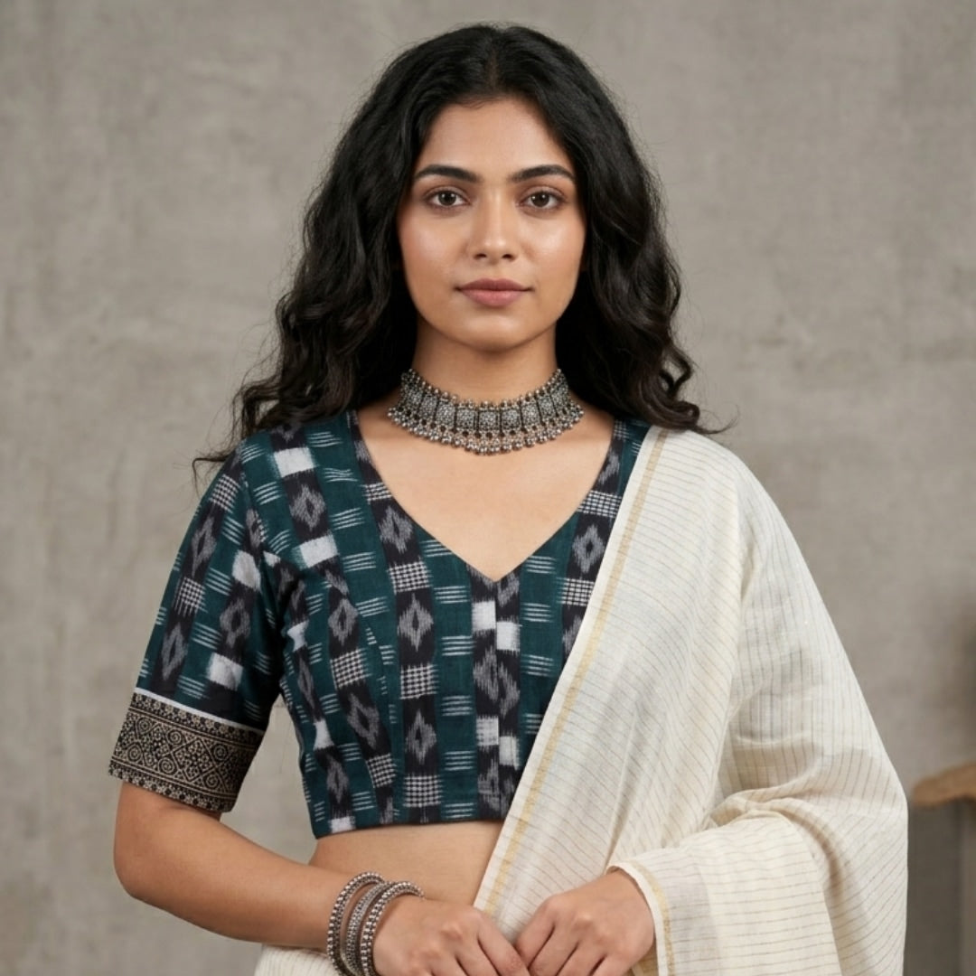 Dark Green Ikat Readymade Blouse