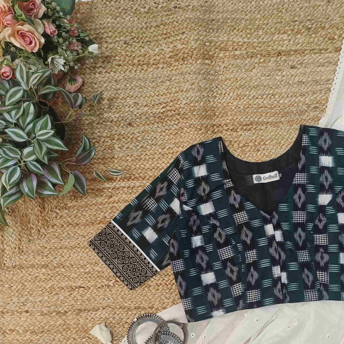 Dark Green Ikat Readymade Blouse