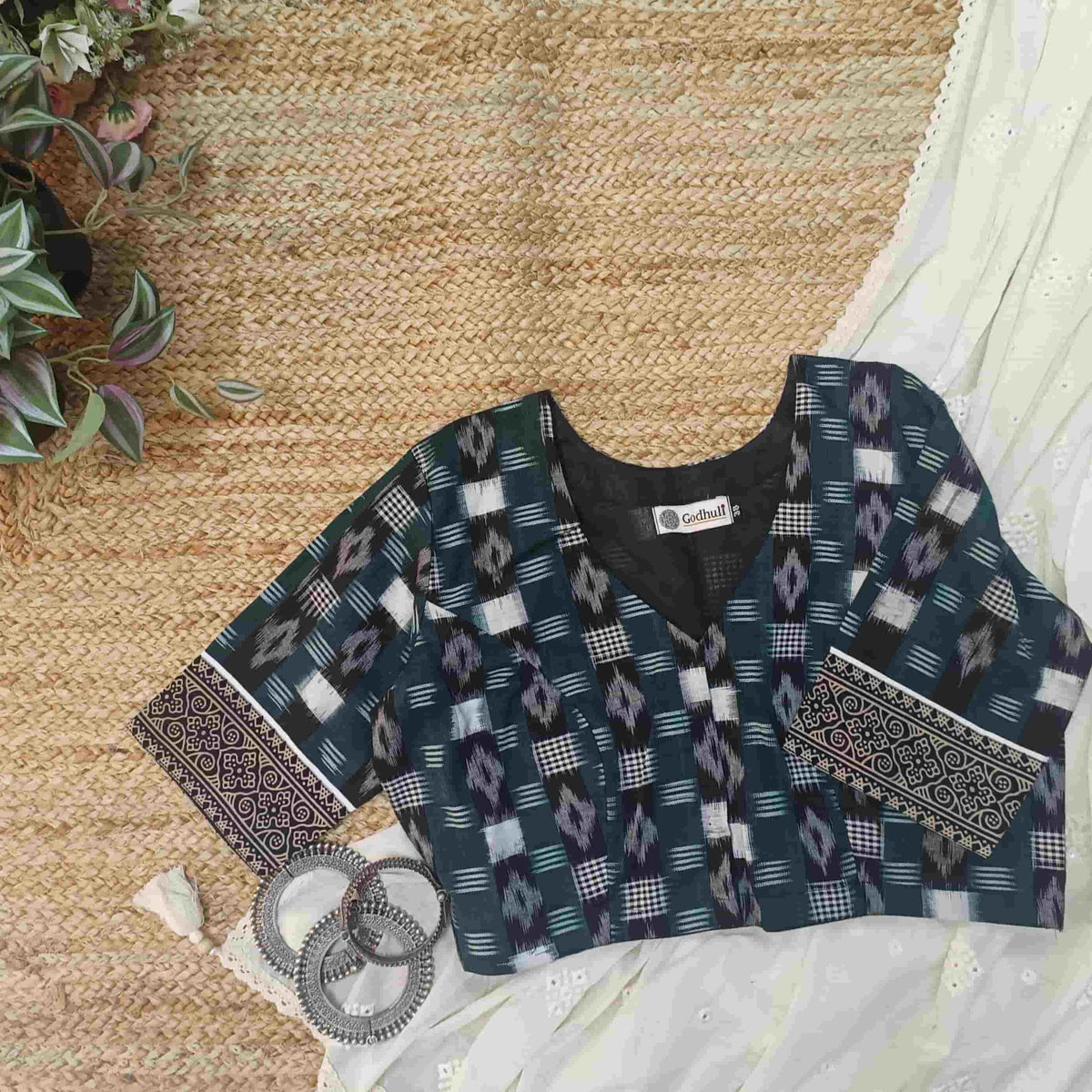 Dark Green Ikat Readymade Blouse
