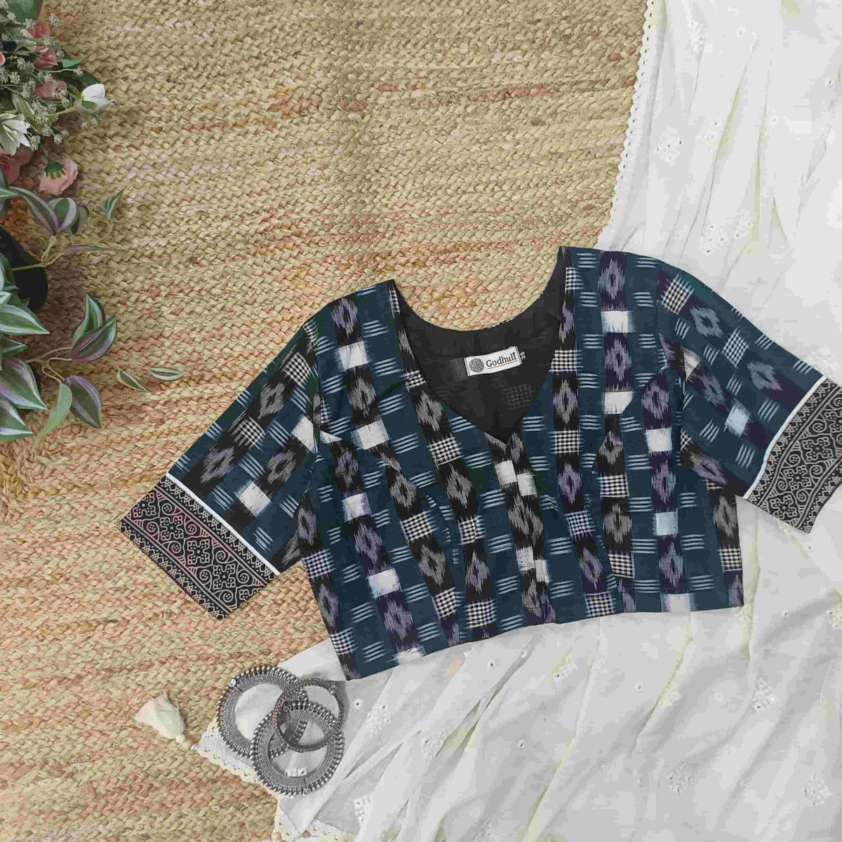 Dark Green Ikat Readymade Blouse