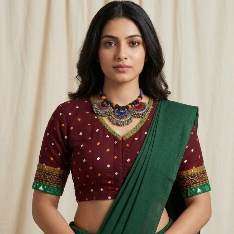 Dark Maroon Bandhani Readymade Blouse with Mirror Work | Godhuli