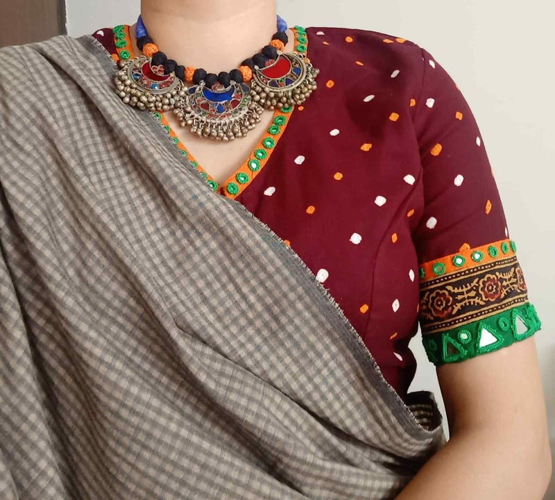 Dark Maroon Bandhani Readymade Blouse with Mirror Work | Godhuli