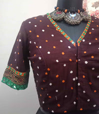 Dark Maroon Bandhani Readymade Blouse with Mirror Work | Godhuli