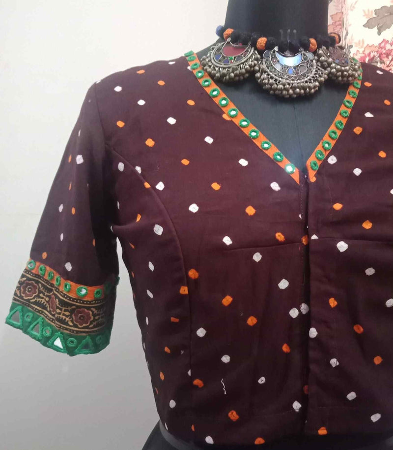 Dark Maroon Bandhani Readymade Blouse with Mirror Work | Godhuli