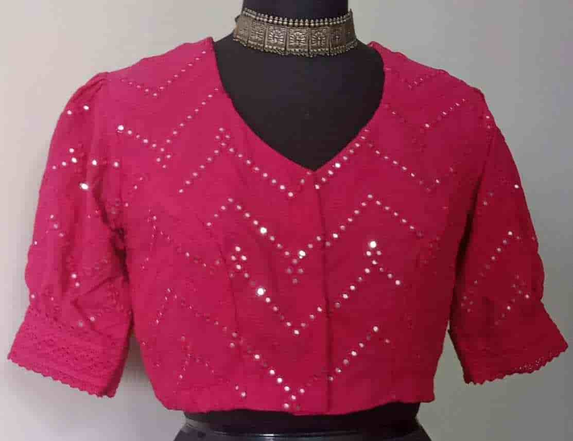 Fuschia Mirrorwork Readymade Blouse with Puff Sleeves