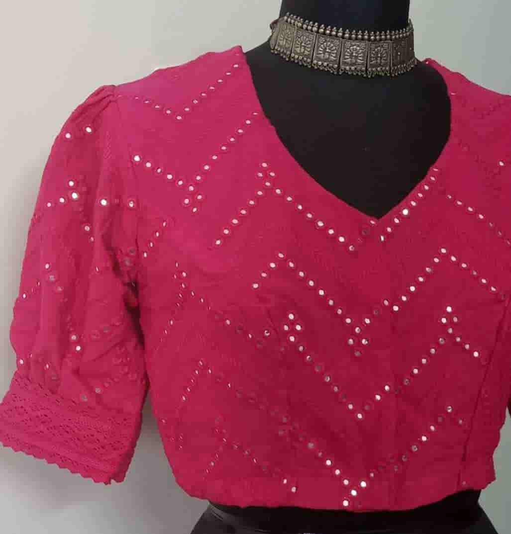 Fuschia Mirrorwork Readymade Blouse with Puff Sleeves