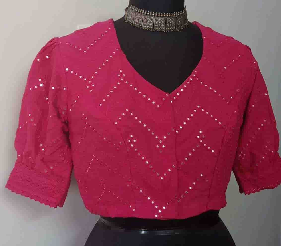 Fuschia Mirrorwork Readymade Blouse with Puff Sleeves