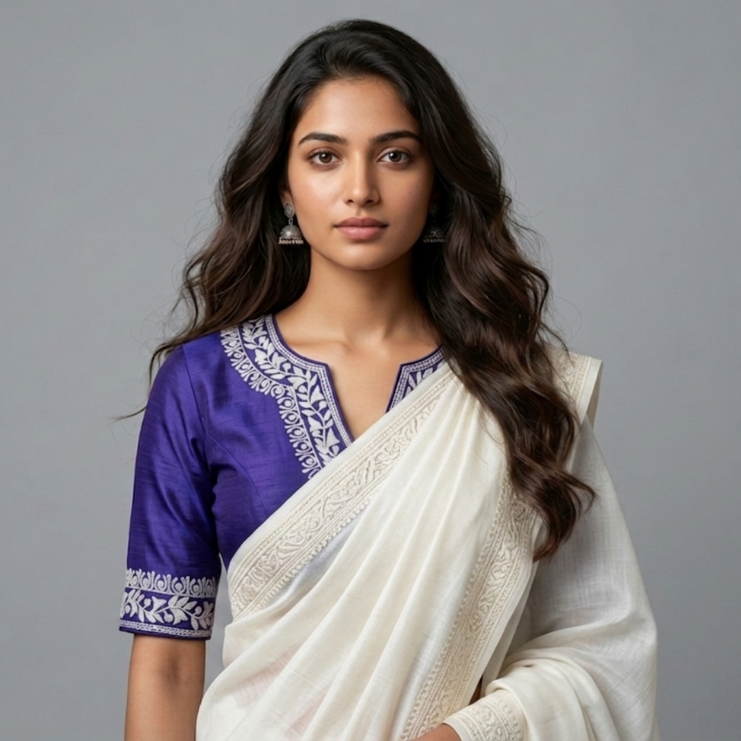 Royal Blue Readymade Blouse in off white Aari work Embroidery | Godhuli