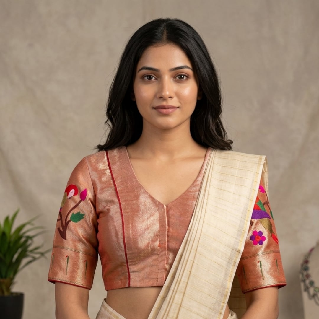 Golden Red Big Parrot Motif Paithani Readymade Blouse | Godhuli