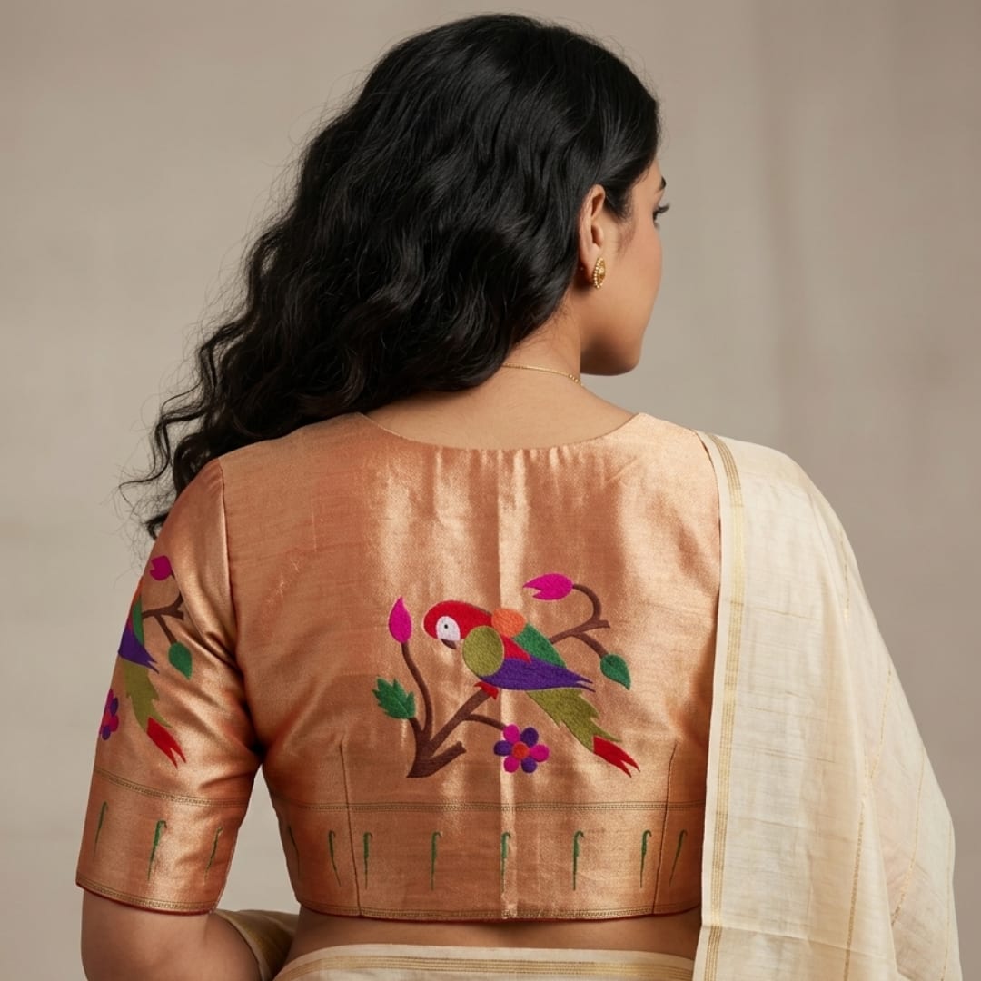 Golden Red Big Parrot Motif Paithani Readymade Blouse | Godhuli
