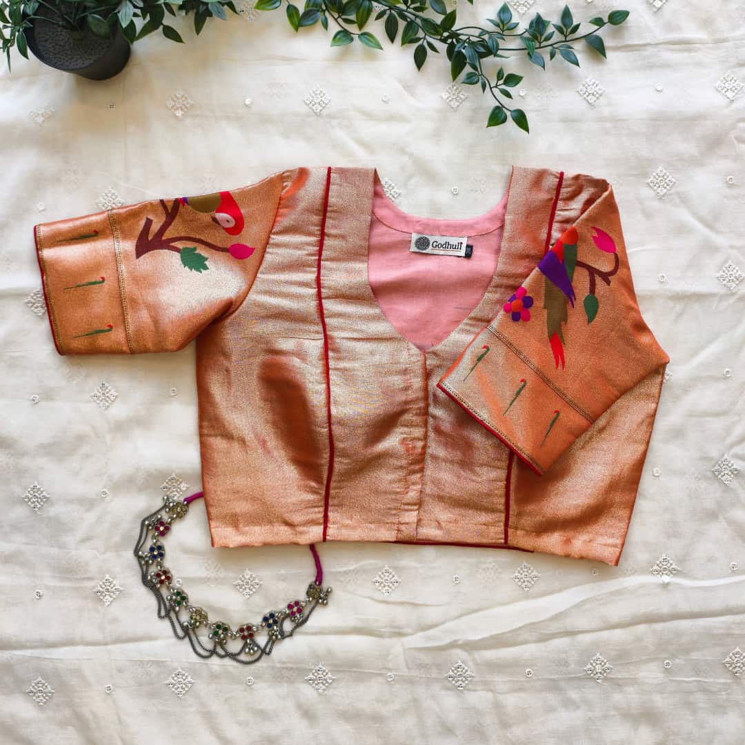 Golden Red Big Parrot Motif Paithani Readymade Blouse | Godhuli