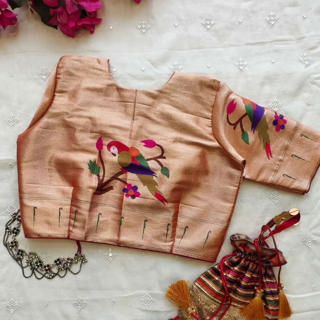 Golden Red Big Parrot Motif Paithani Readymade Blouse | Godhuli