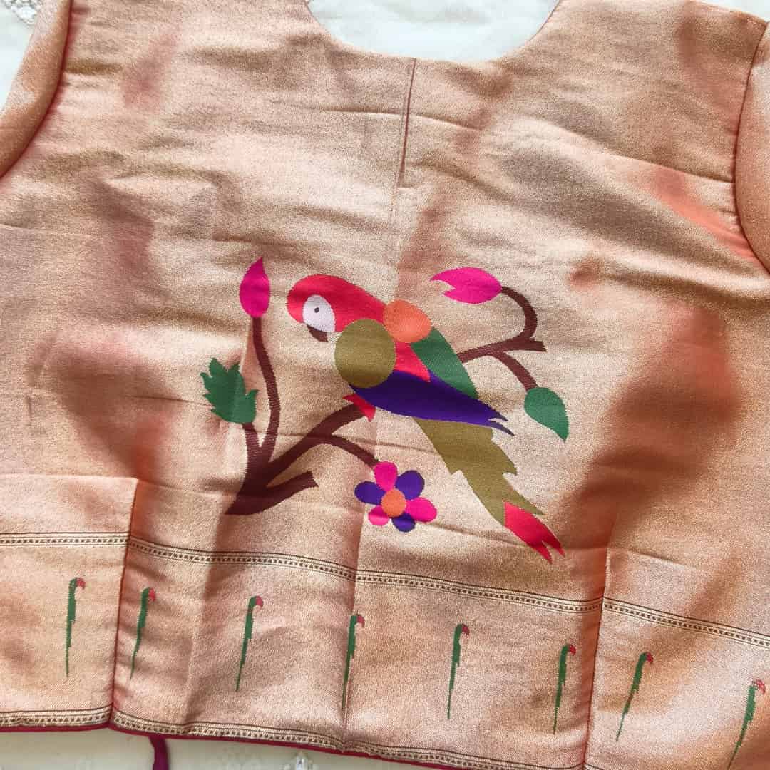 Golden Red Big Parrot Motif Paithani Readymade Blouse | Godhuli