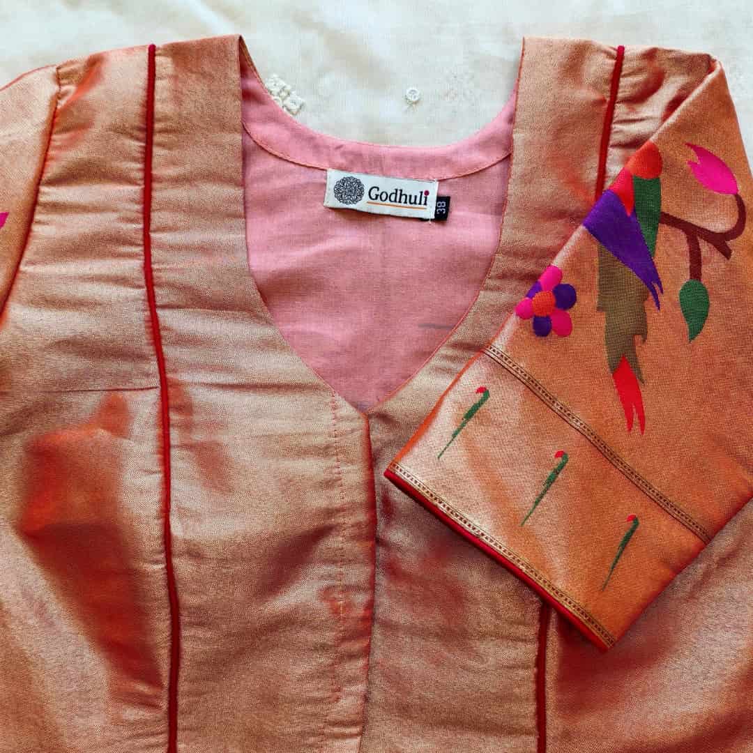 Golden Red Big Parrot Motif Paithani Readymade Blouse | Godhuli