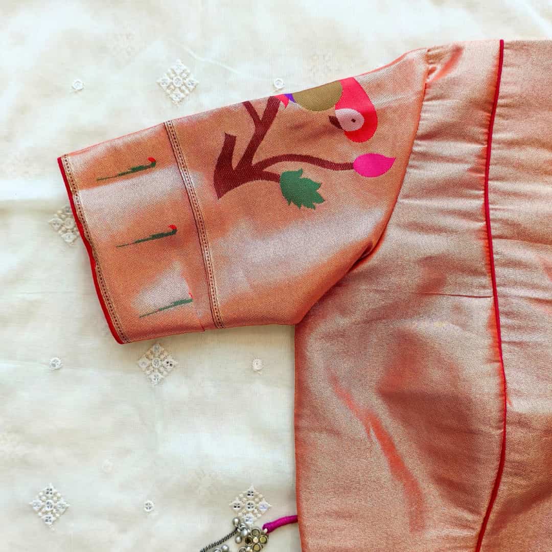 Golden Red Big Parrot Motif Paithani Readymade Blouse | Godhuli