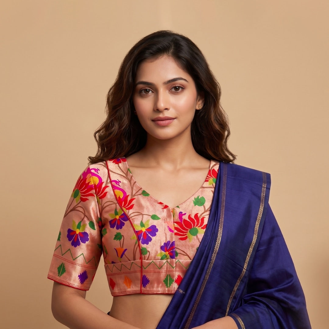 Golden Red Floral Jaal Motif Paithani Readymade Blouse 