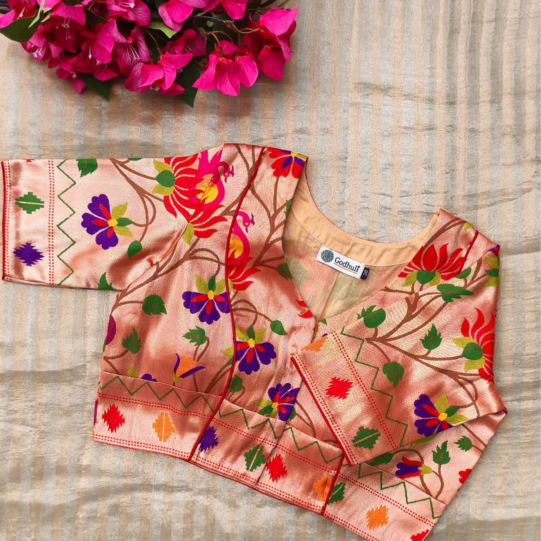 Golden Red Floral Jaal Motif Paithani Readymade Blouse 
