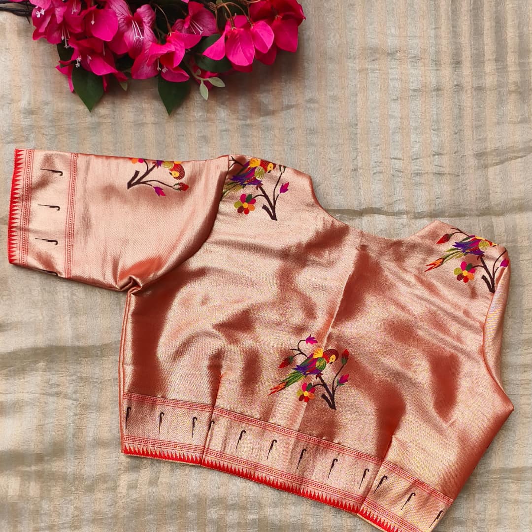 Golden Red Parrot Motif Paithani Readymade Blouse