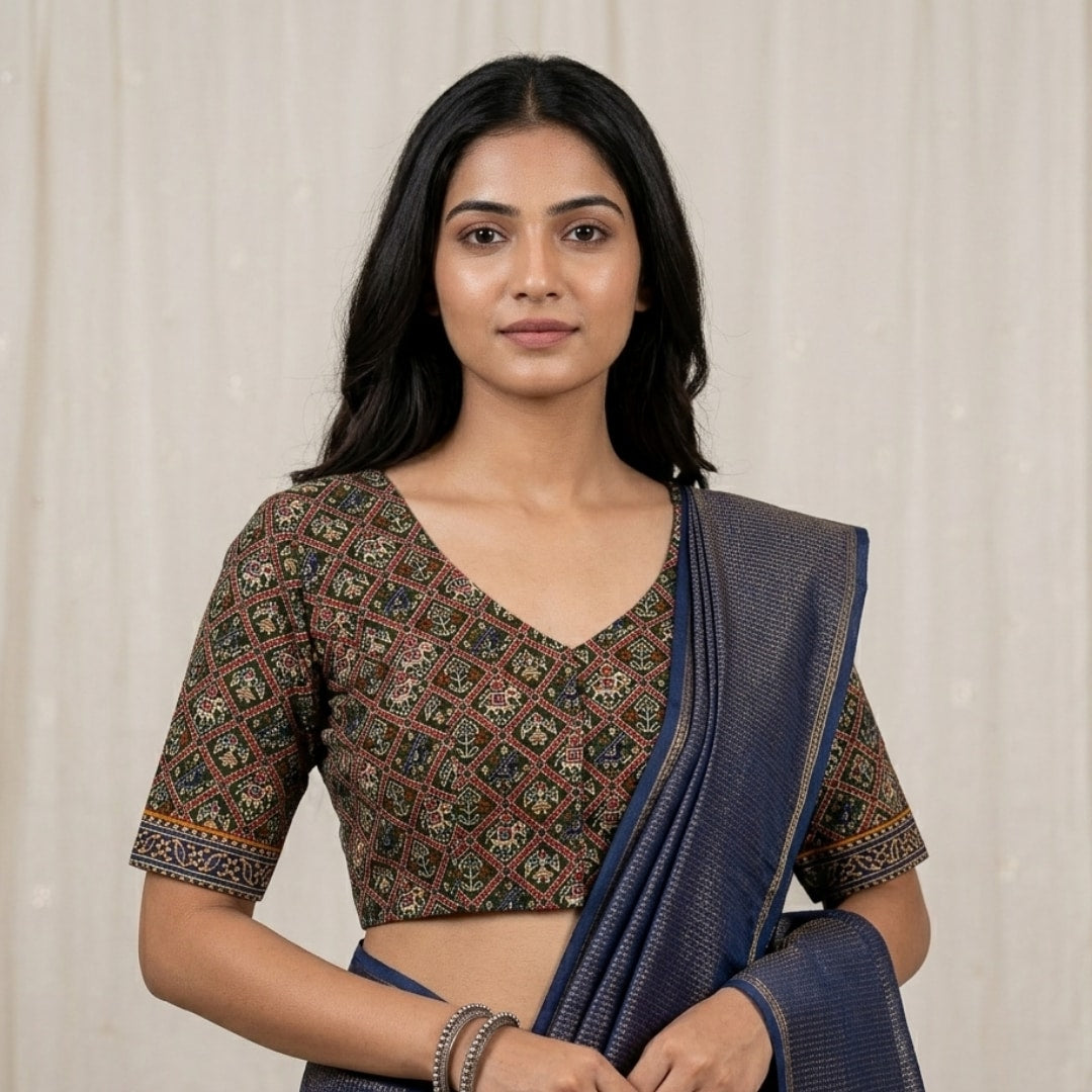Green Cotton Patola Print Readymade Blouse