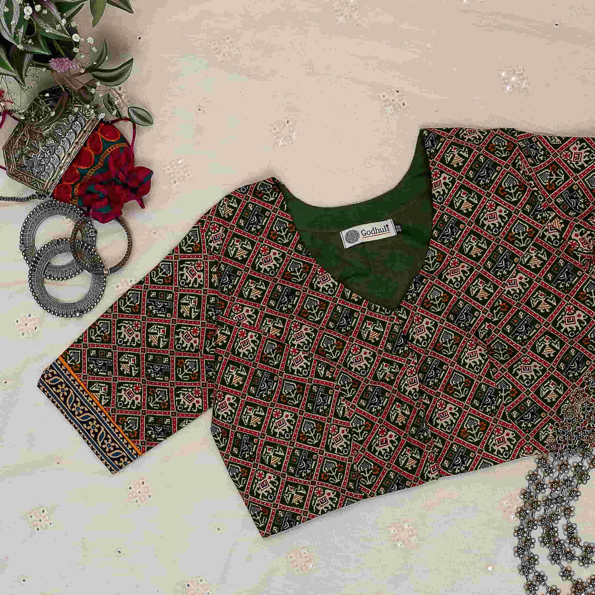 Green Cotton Patola Print Readymade Blouse