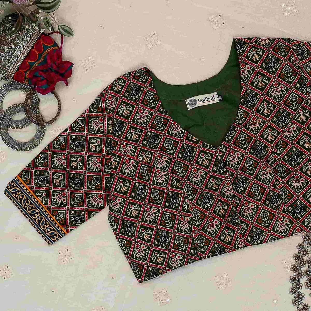 Green Cotton Patola Print Readymade Blouse