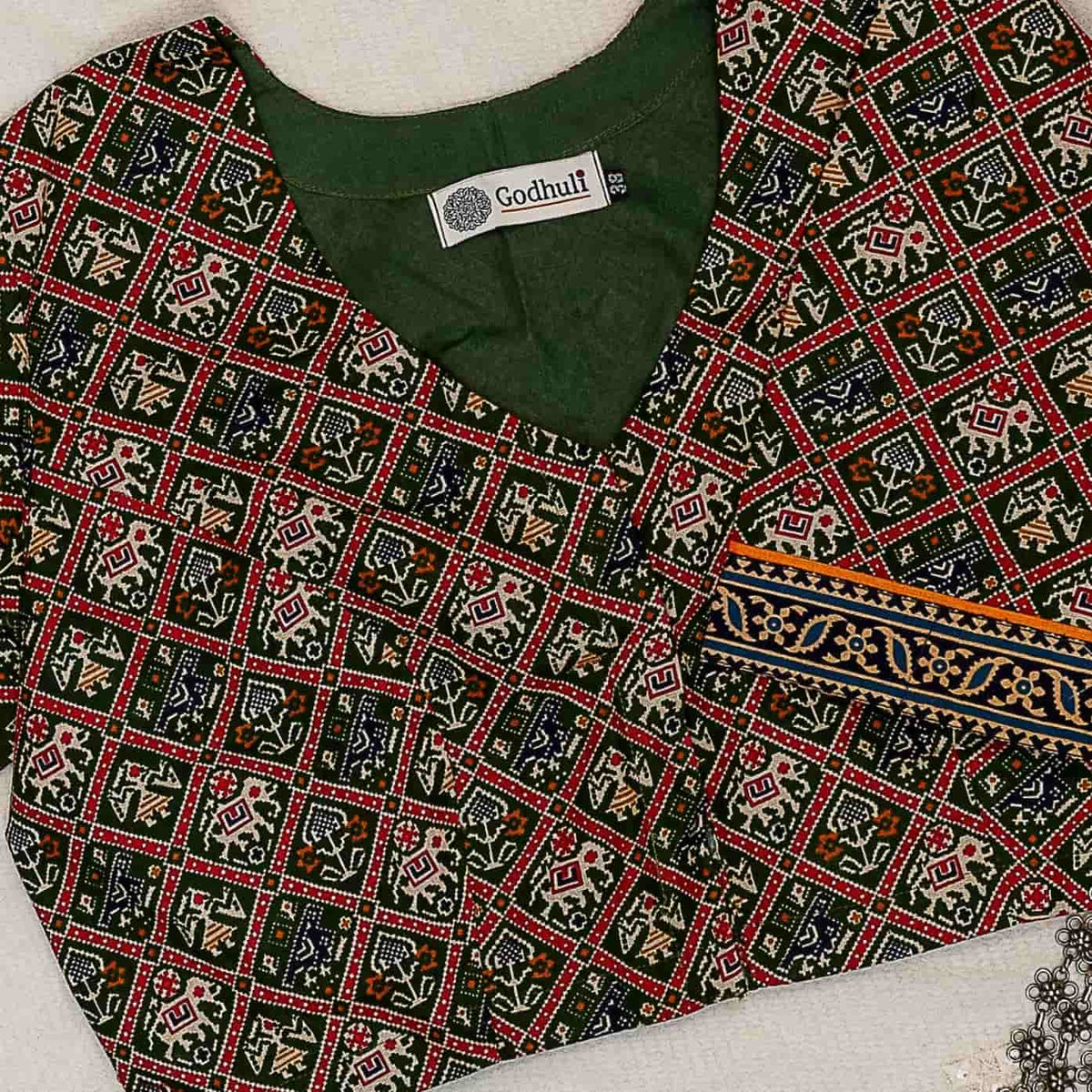 Green Cotton Patola Print Readymade Blouse