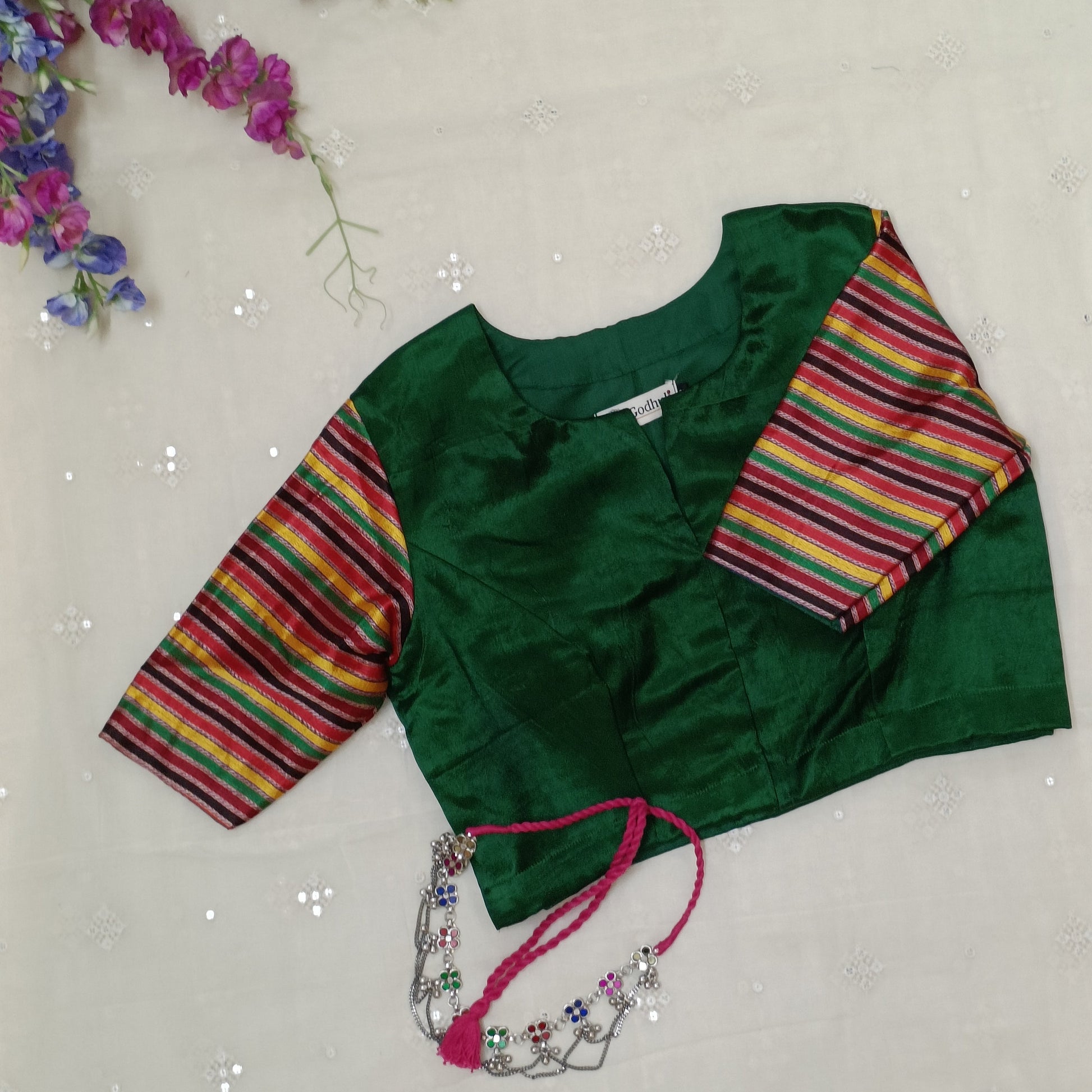 Green Handwoven Gaji Silk Blouse with Multicoloured Stripes Sleeves