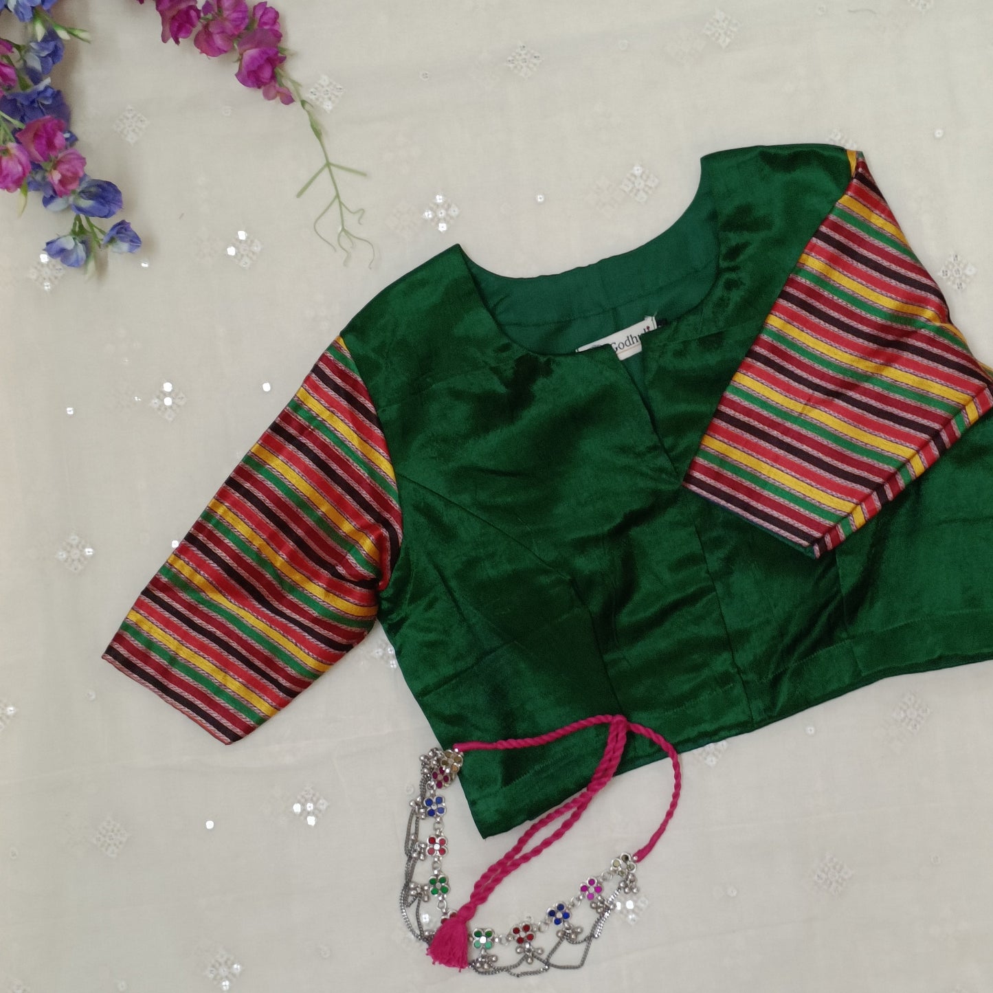 Green Handwoven Gaji Silk Blouse with Multicoloured Stripes Sleeves