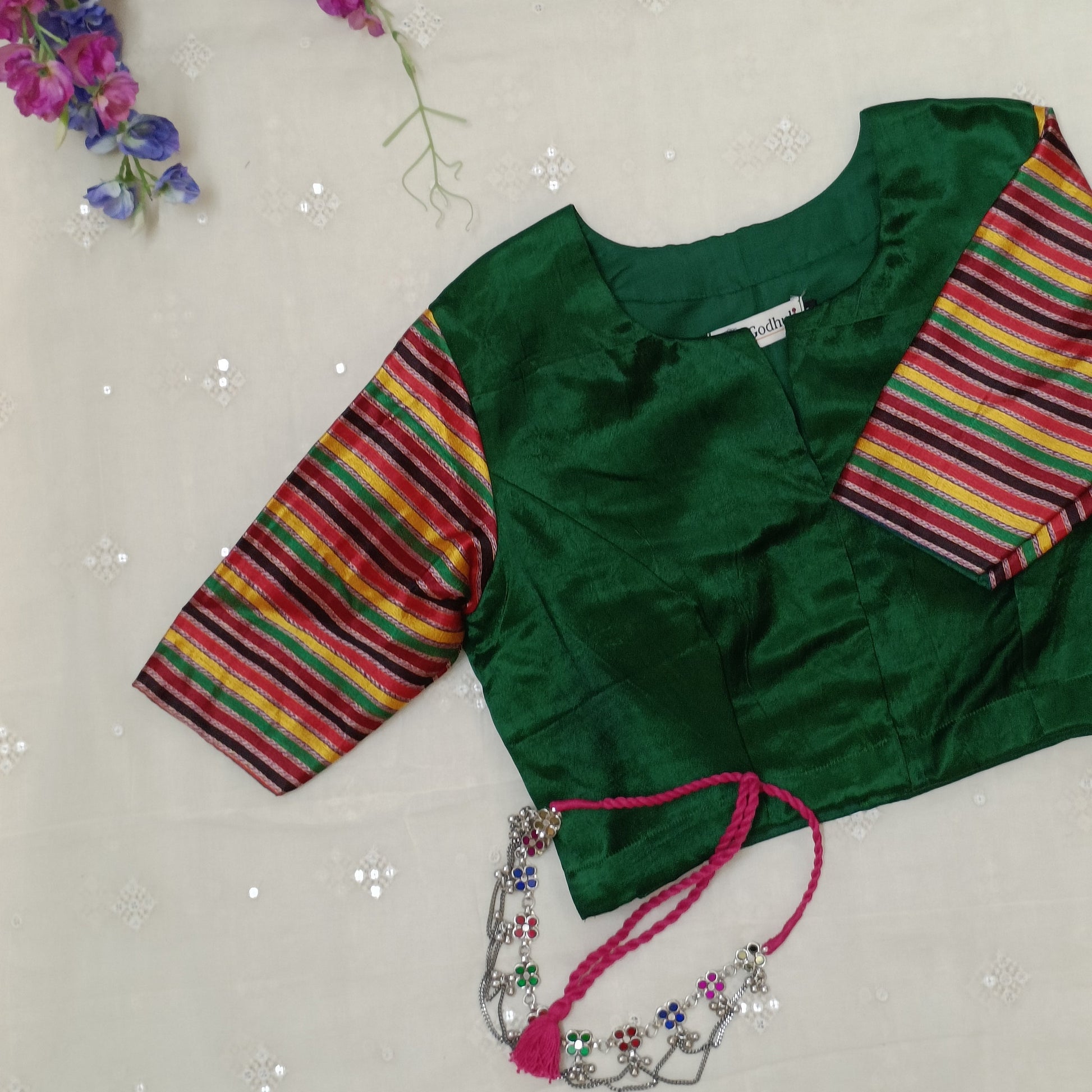 Green Handwoven Gaji Silk Blouse with Multicoloured Stripes Sleeves