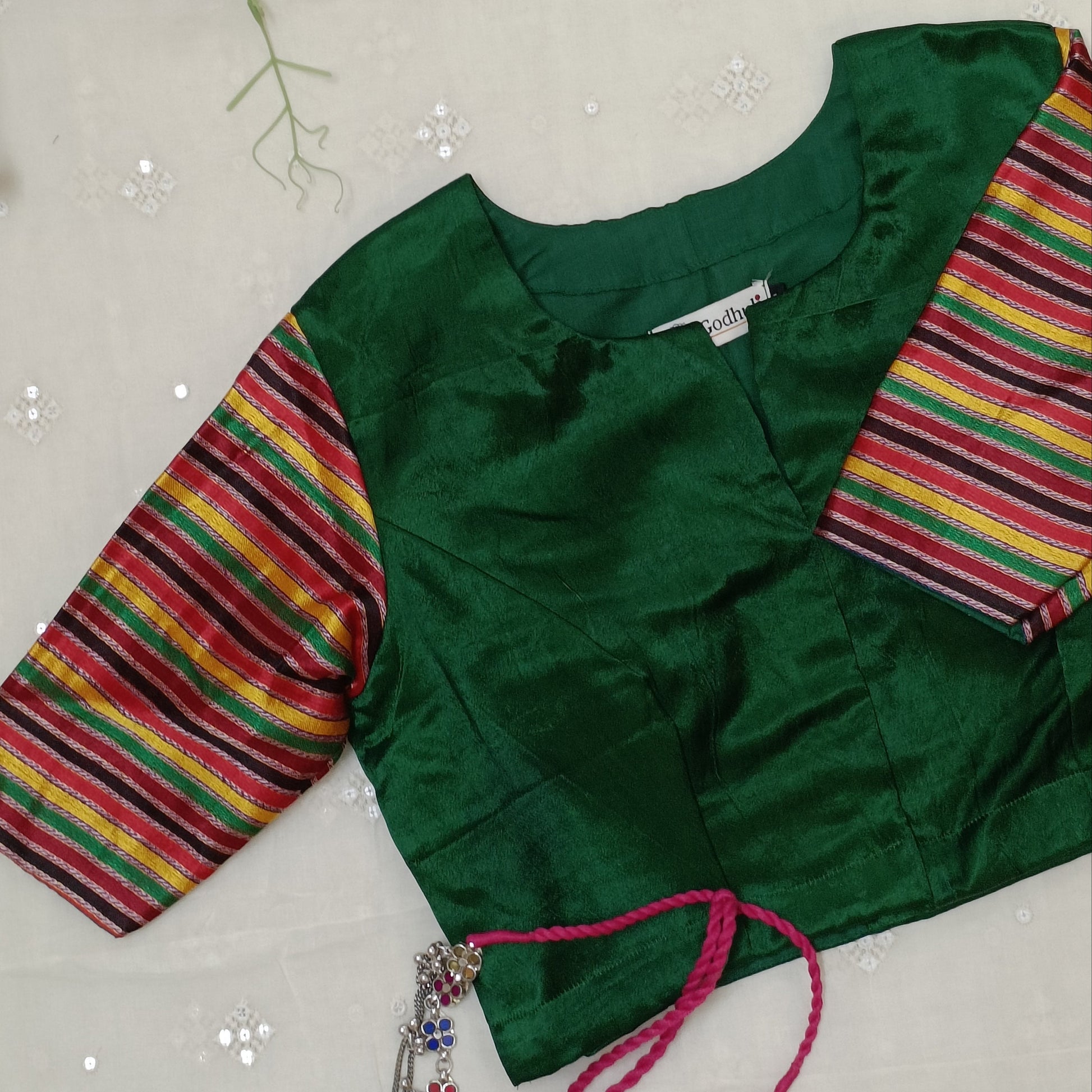 Green Handwoven Gaji Silk Blouse with Multicoloured Stripes Sleeves