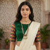 Green Handwoven Gaji Silk Readymade Blouse with Multicoloured Stripes Sleeves | Godhuli