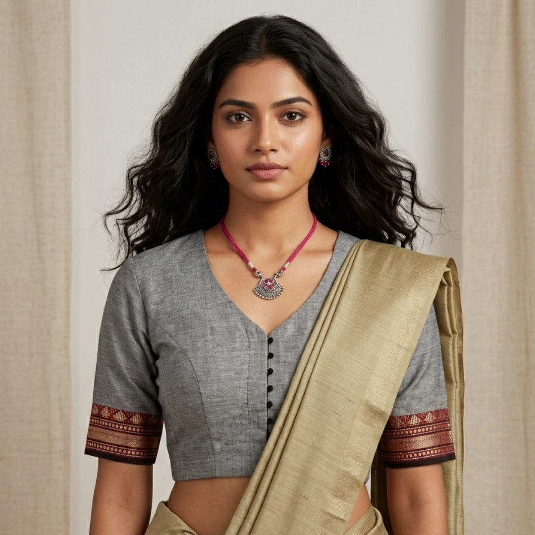 Grey Narayanpet Border Readymade Blouse