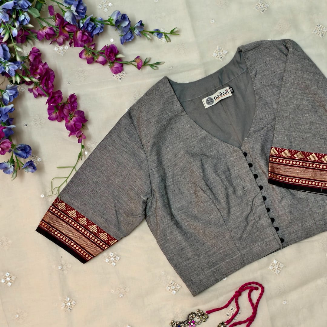 Grey Narayanpet Border Readymade Blouse