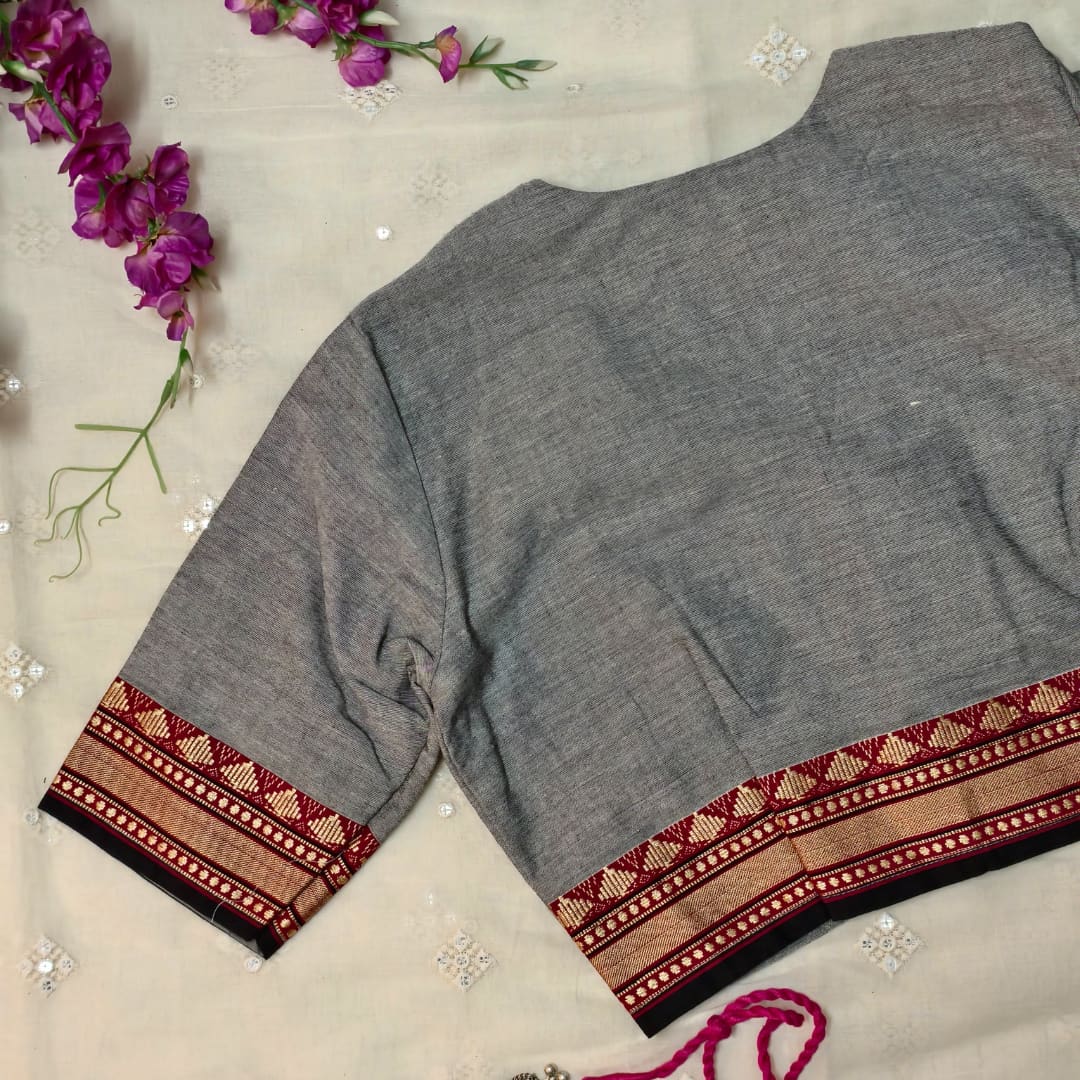 Grey Narayanpet Border Readymade Blouse