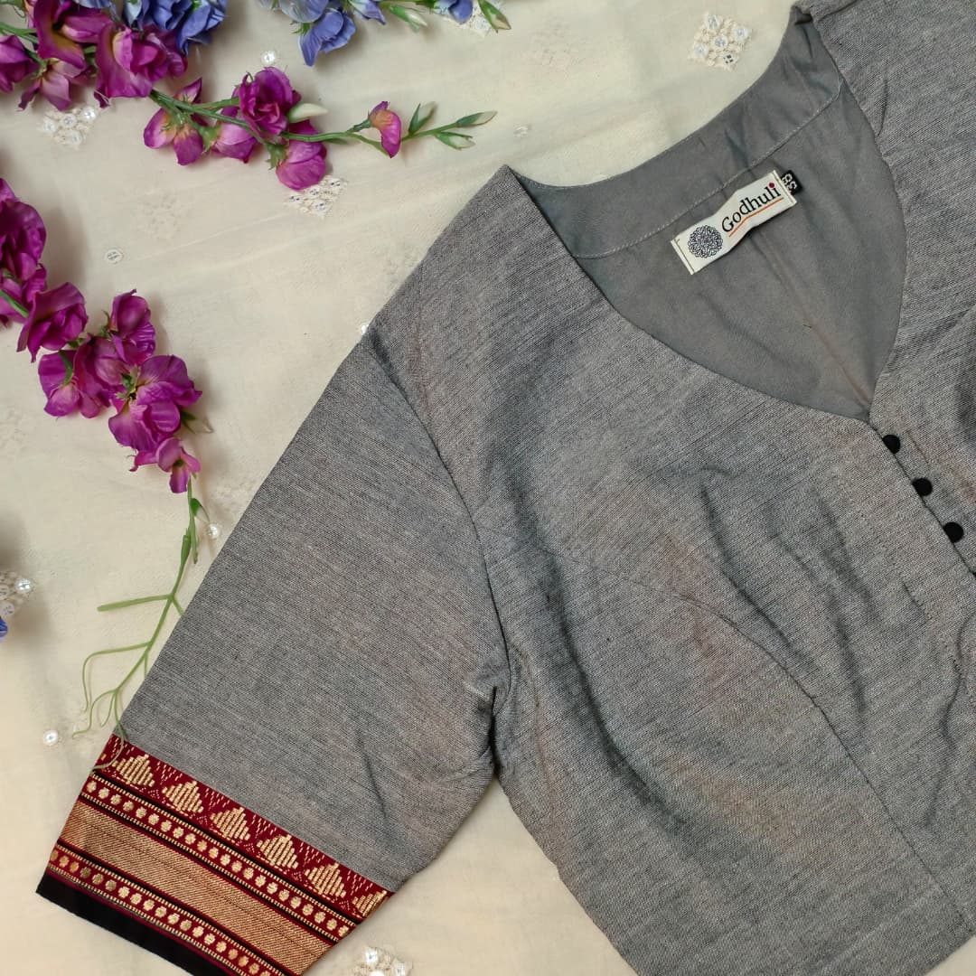 Grey Narayanpet Border Readymade Blouse