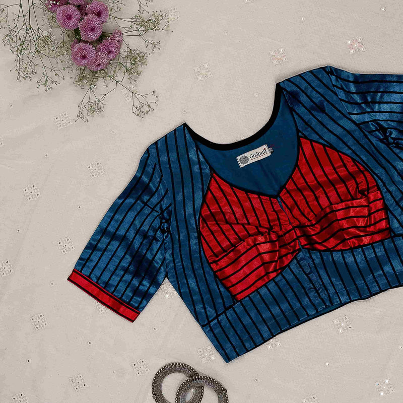 Greyish Blue Maroon Gaji Silk Choli Pattern Readymade Blouse | Godhuli