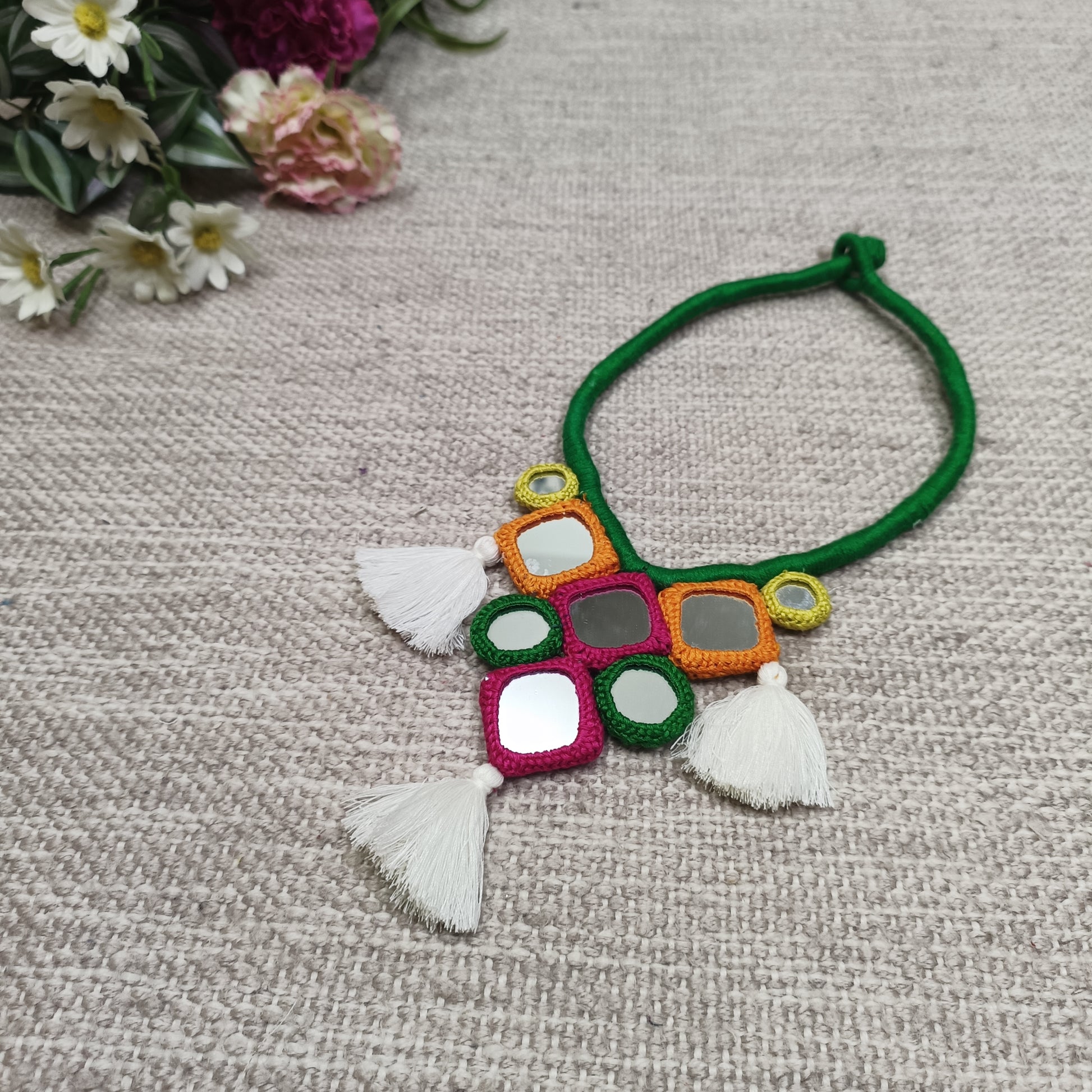 Handcrafted Mirrorwork Dark Green Dori Neckpiece