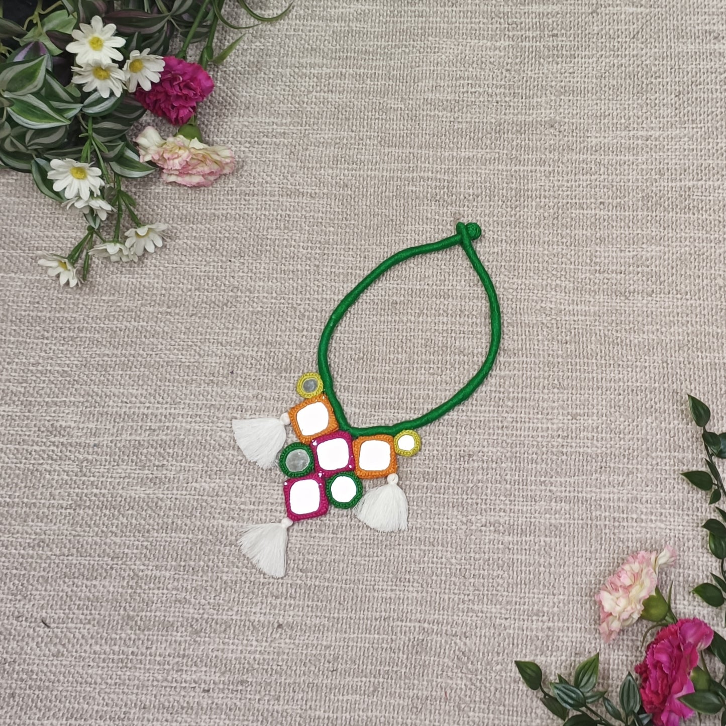 Handcrafted Mirrorwork Dark Green Dori Neckpiece