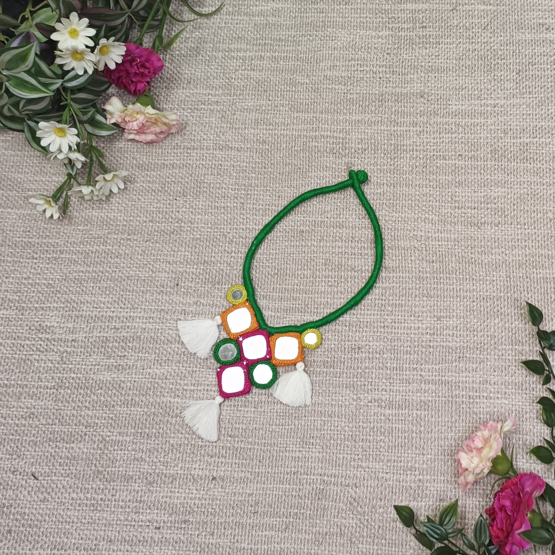 Handcrafted Mirrorwork Dark Green Dori Neckpiece