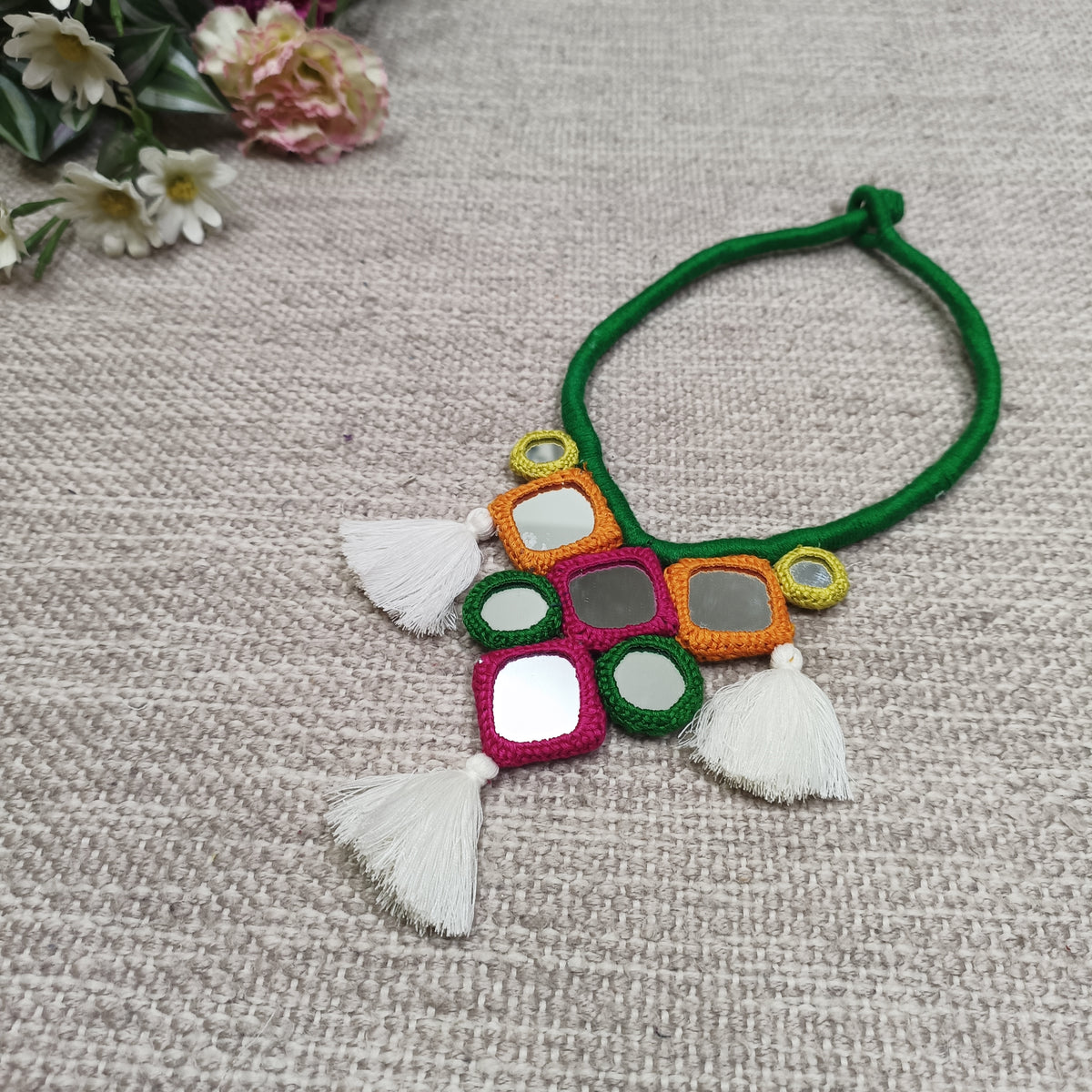 Handcrafted Mirrorwork Dark Green Dori Neckpiece