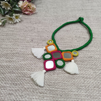 Handcrafted Mirrorwork Dark Green Dori Neckpiece
