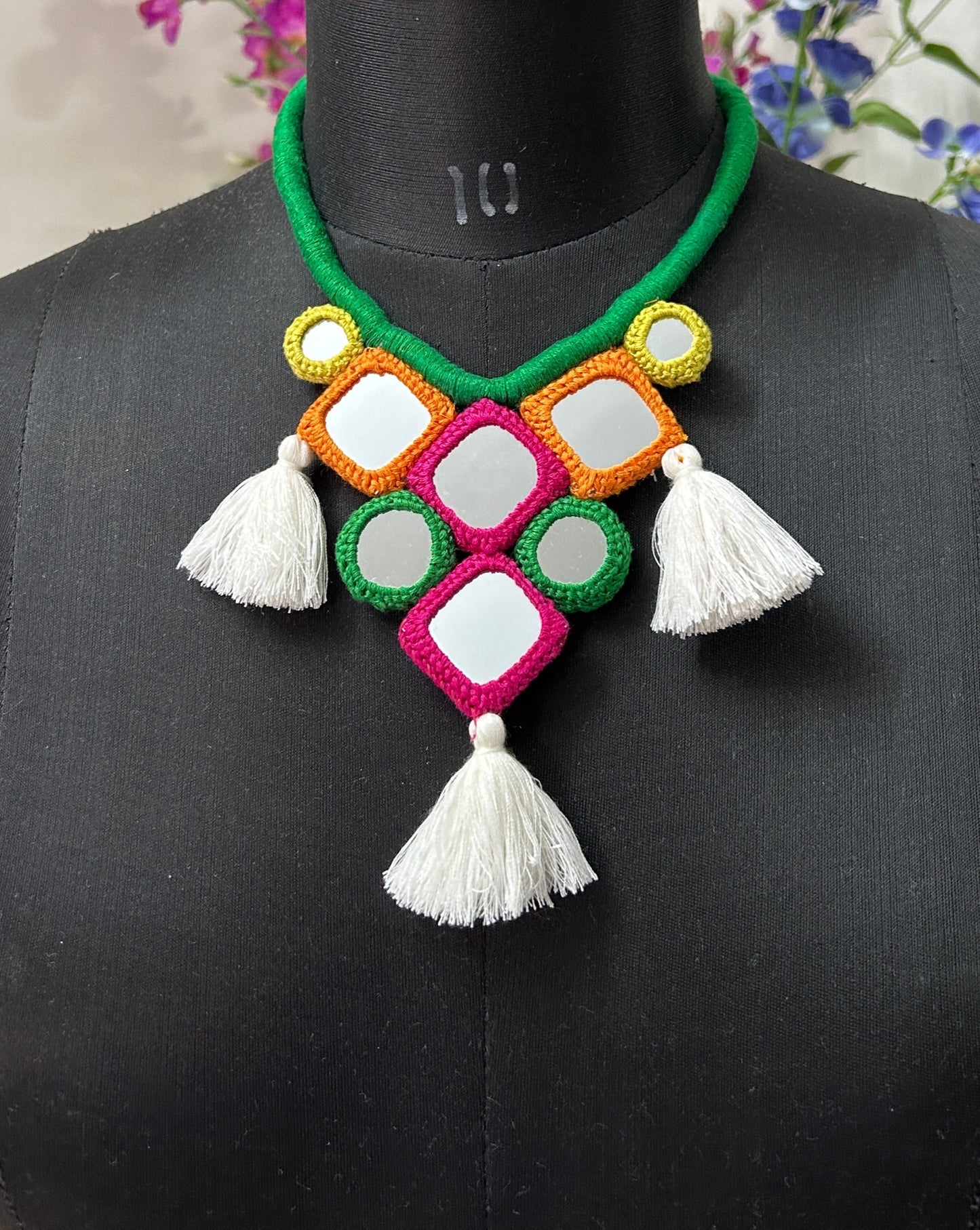 Handcrafted Mirrorwork Dark Green Dori Neckpiece