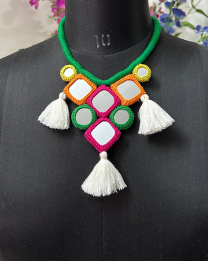 Handcrafted Mirrorwork Dark Green Dori Neckpiece