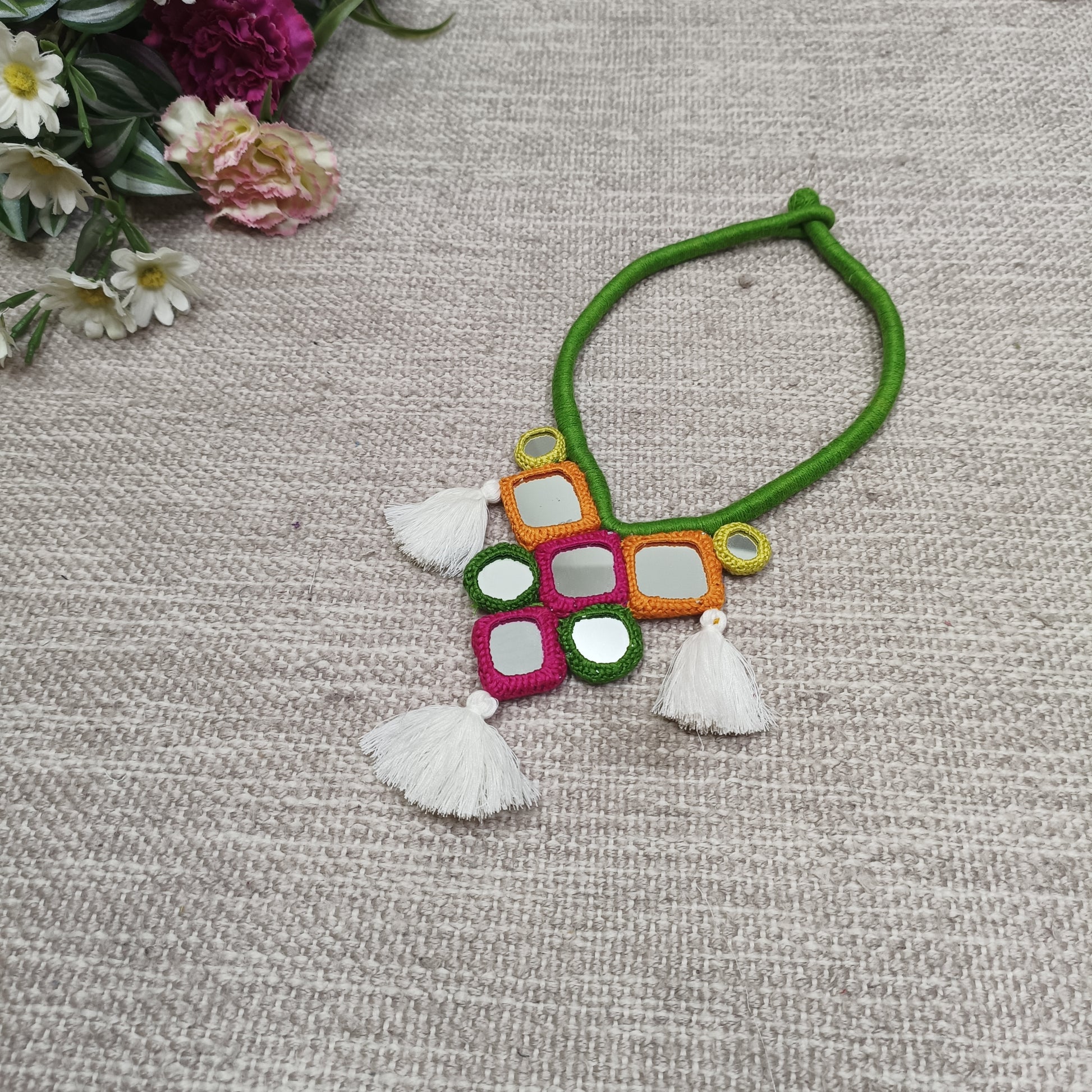 Handcrafted Mirrorwork Light Green Dori Neckpiece