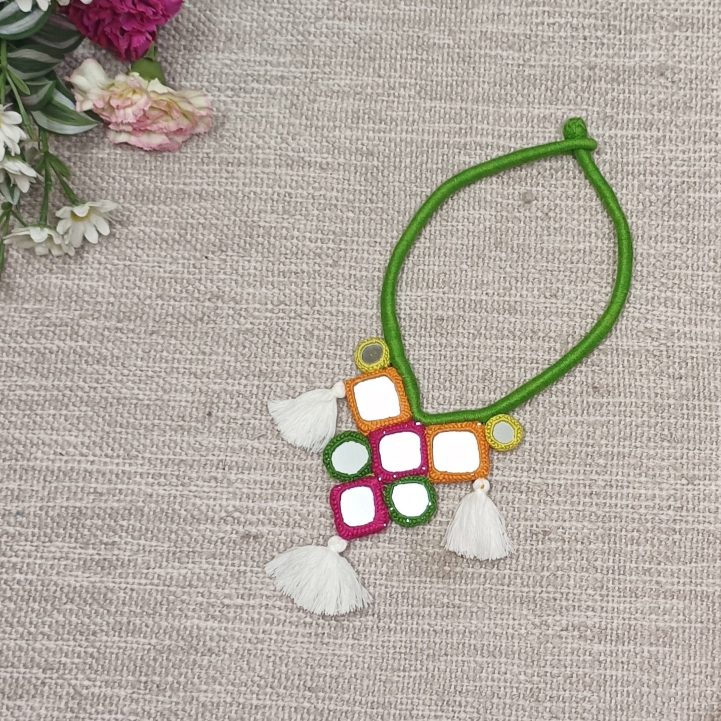 Handcrafted Mirrorwork Light Green Dori Neckpiece