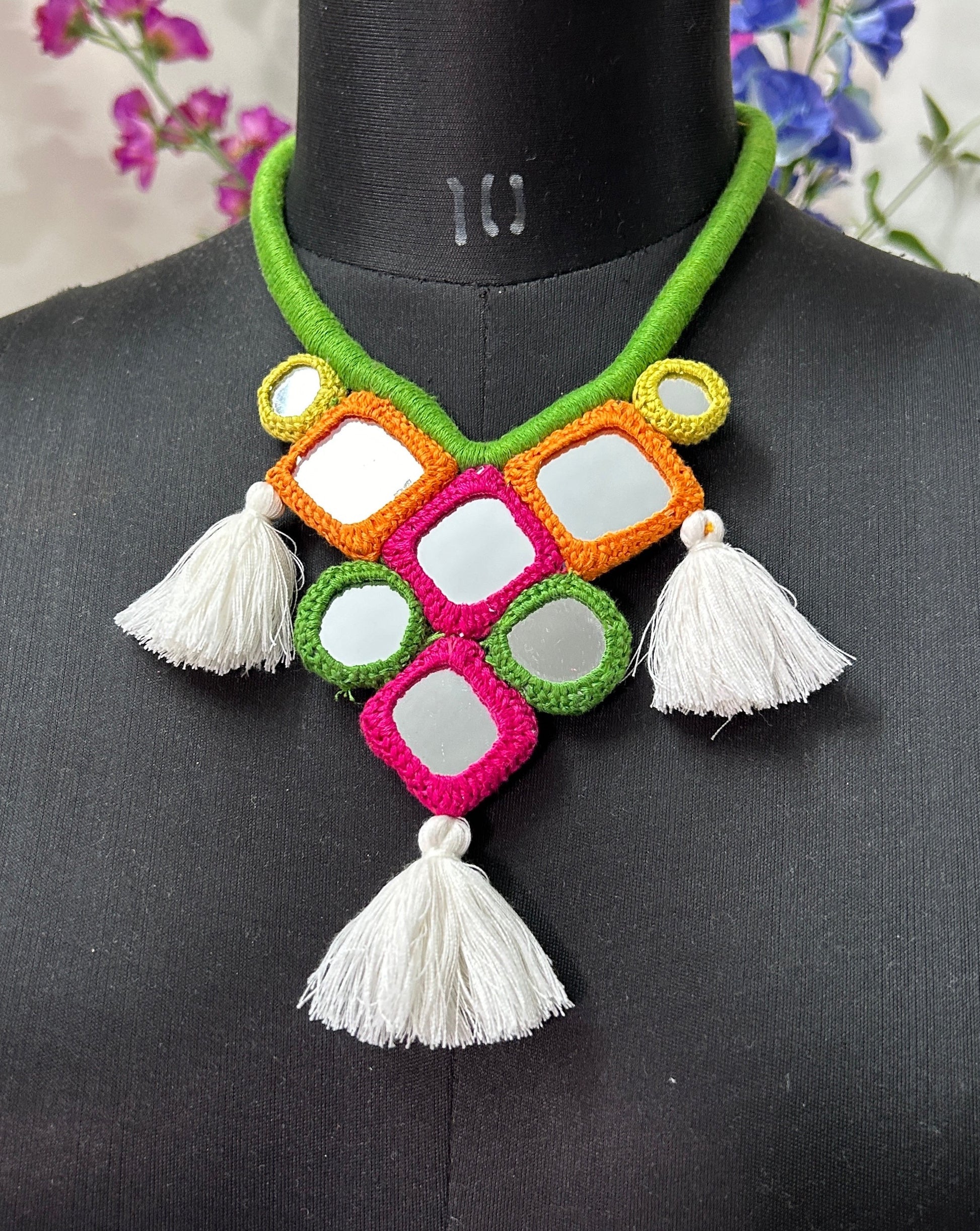 Handcrafted Mirrorwork Light Green Dori Neckpiece