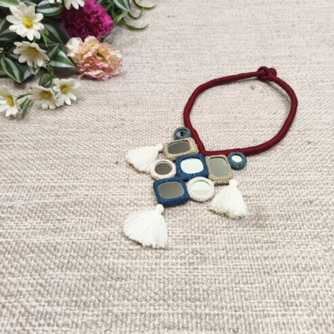 Handcrafted Mirrorwork Maroon Dori Neckpiece